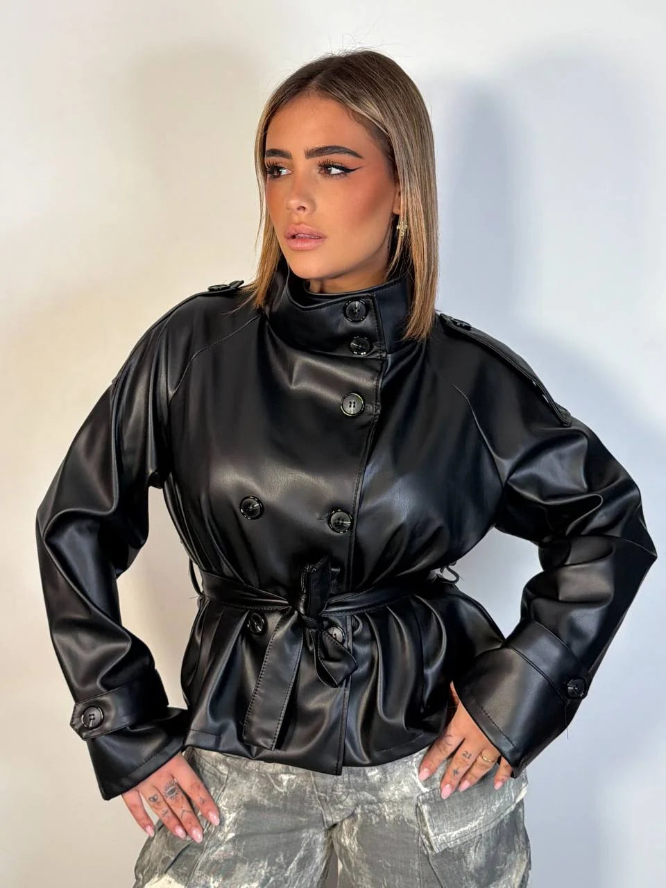 Black Faux Leather Funnel Neck Coat