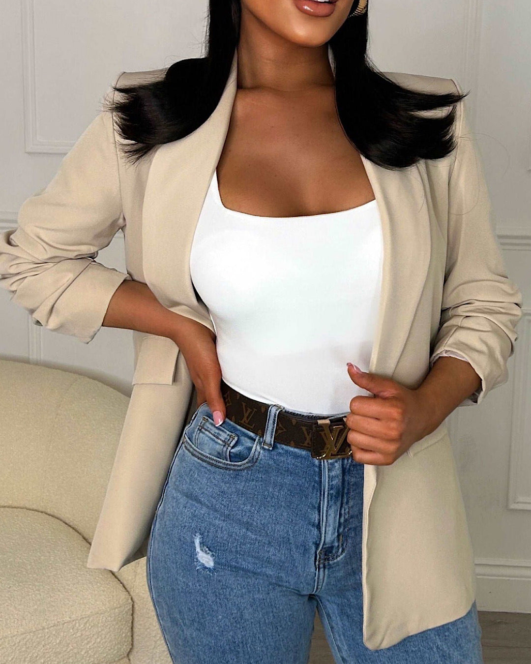 Beige Ruched Sleeve Blazer