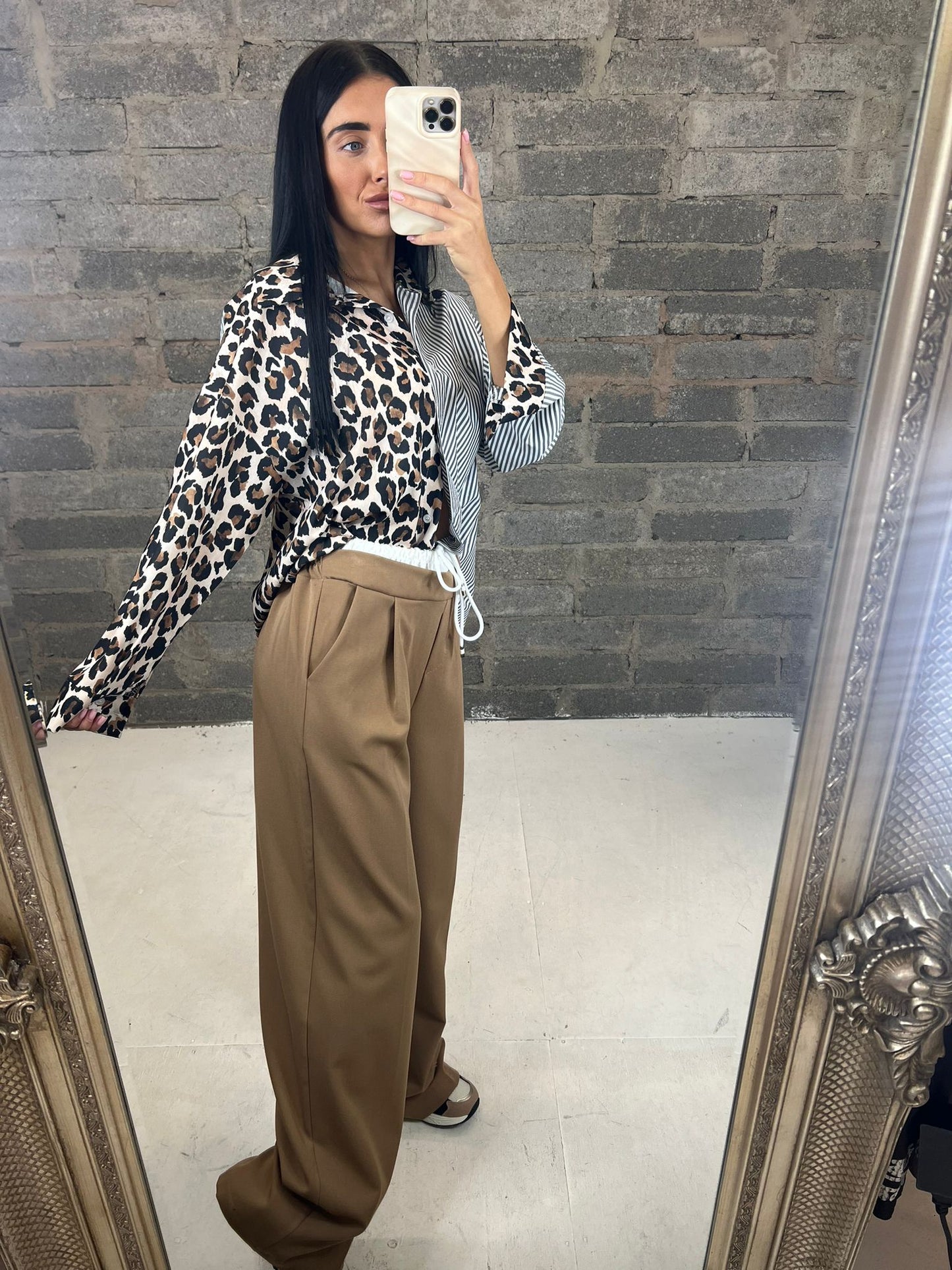 Camel Trousers with White Waistband