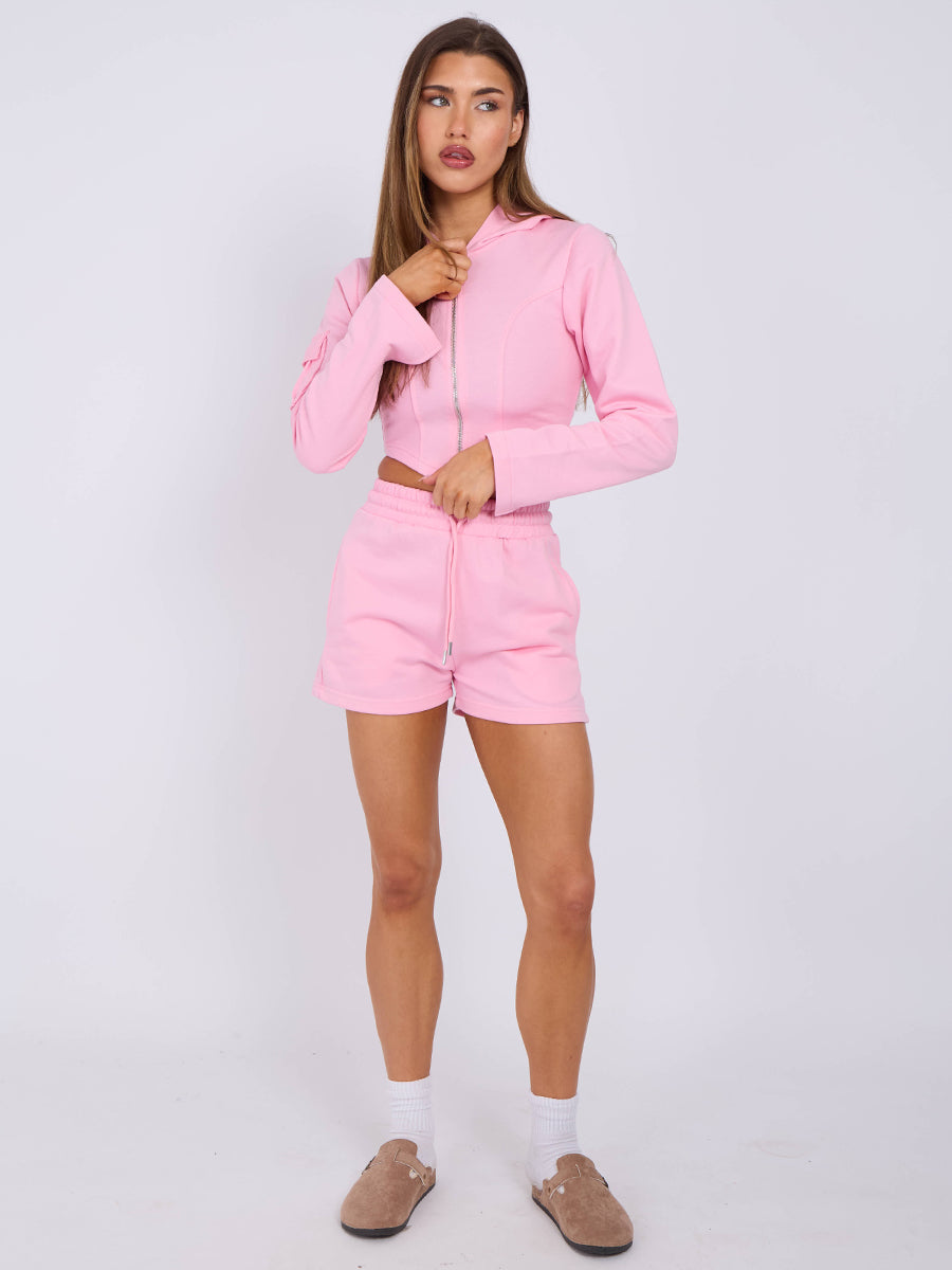 Pink Cropped Hooded Jacket & Shorts Set