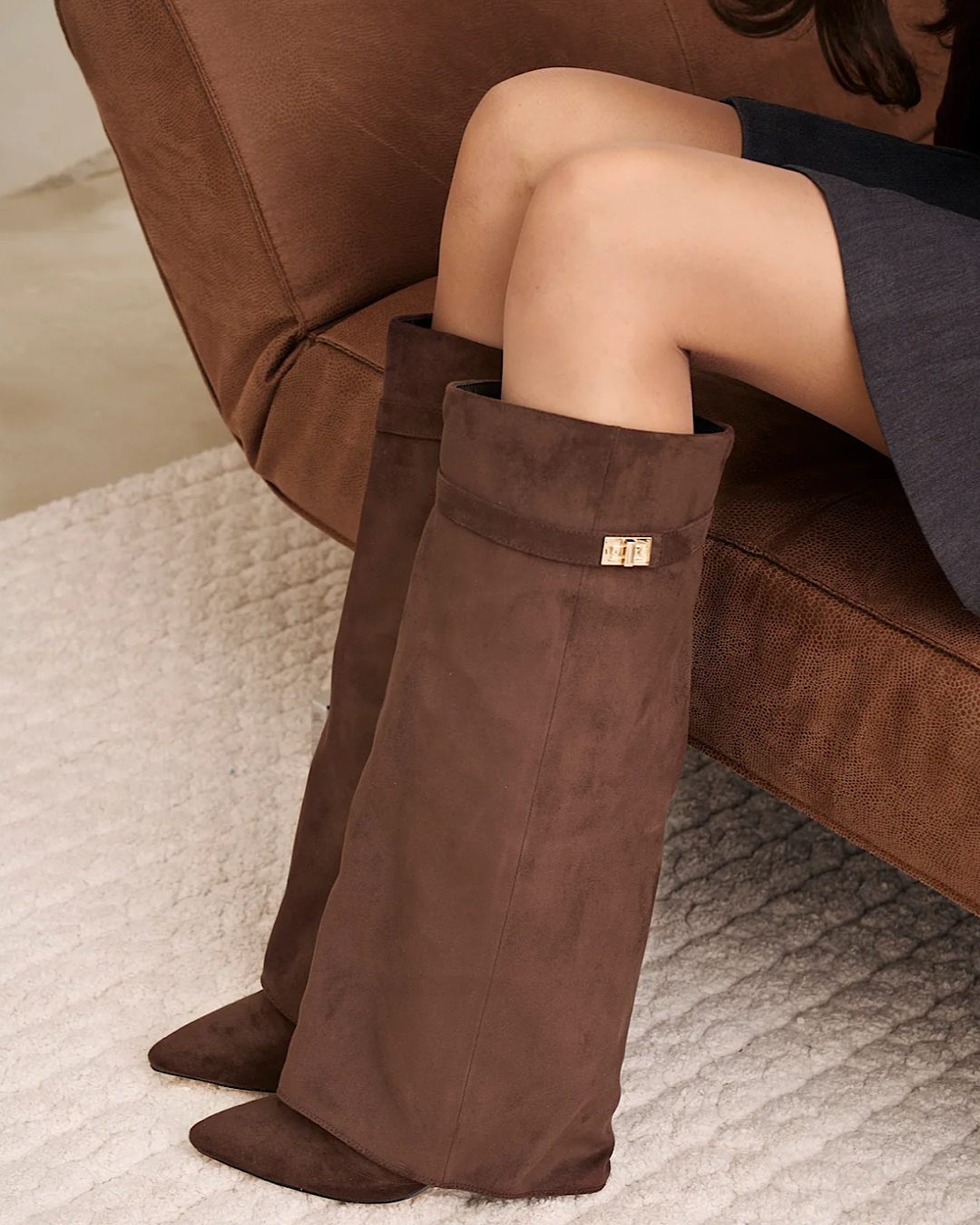 Brown Faux Suede Buckle Knee Boots