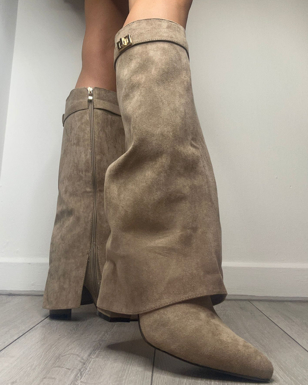 Beige Faux Suede Buckle Knee Boots