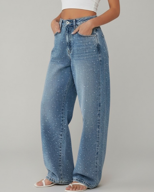 Barrel Leg Diamond Embellished Jeans