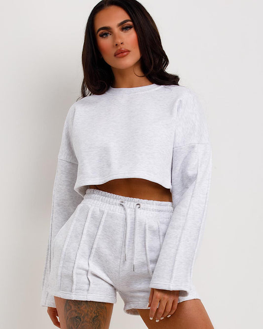 Grey Cropped Cross Sweat and Shorts Suit