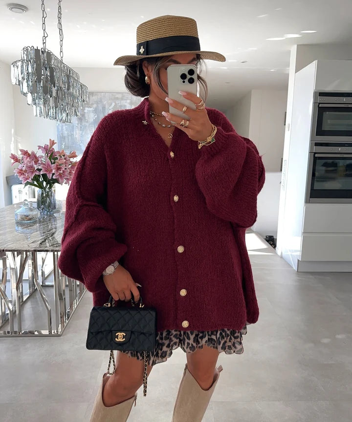 Wine Oversized Cardigan with Gold Buttons