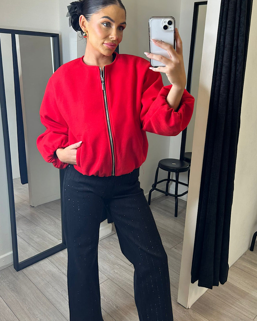 Red Balloon Sleeve Ruched Bomber Jacket