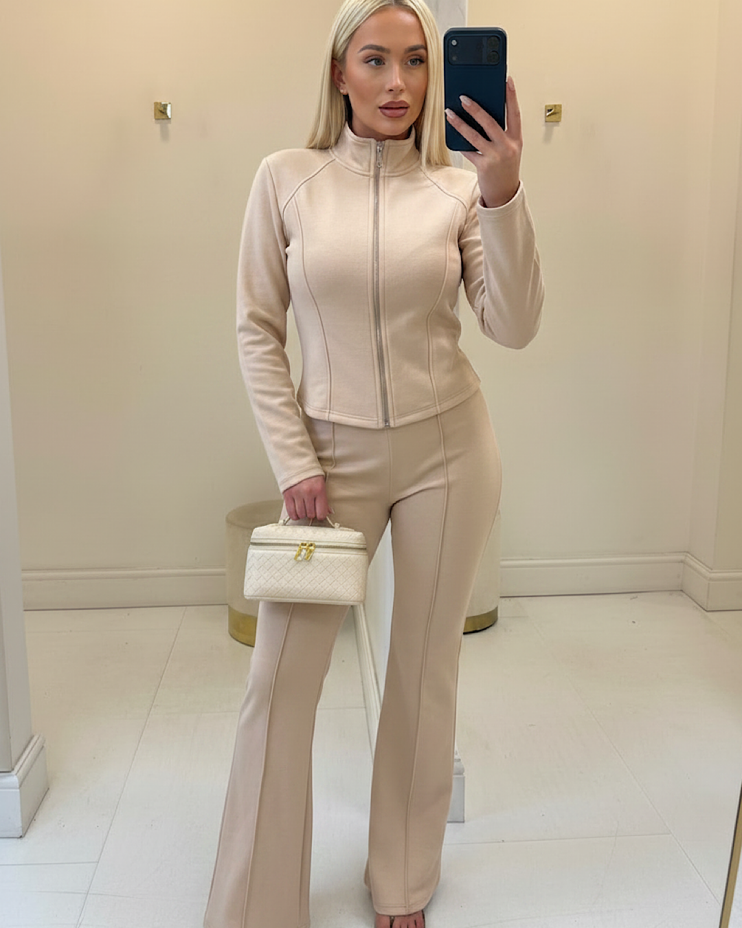 Beige Panelled Zip Jacket & Trousers Set