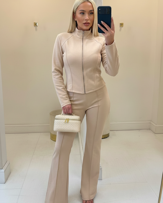 Beige Panelled Zip Jacket & Trousers Set