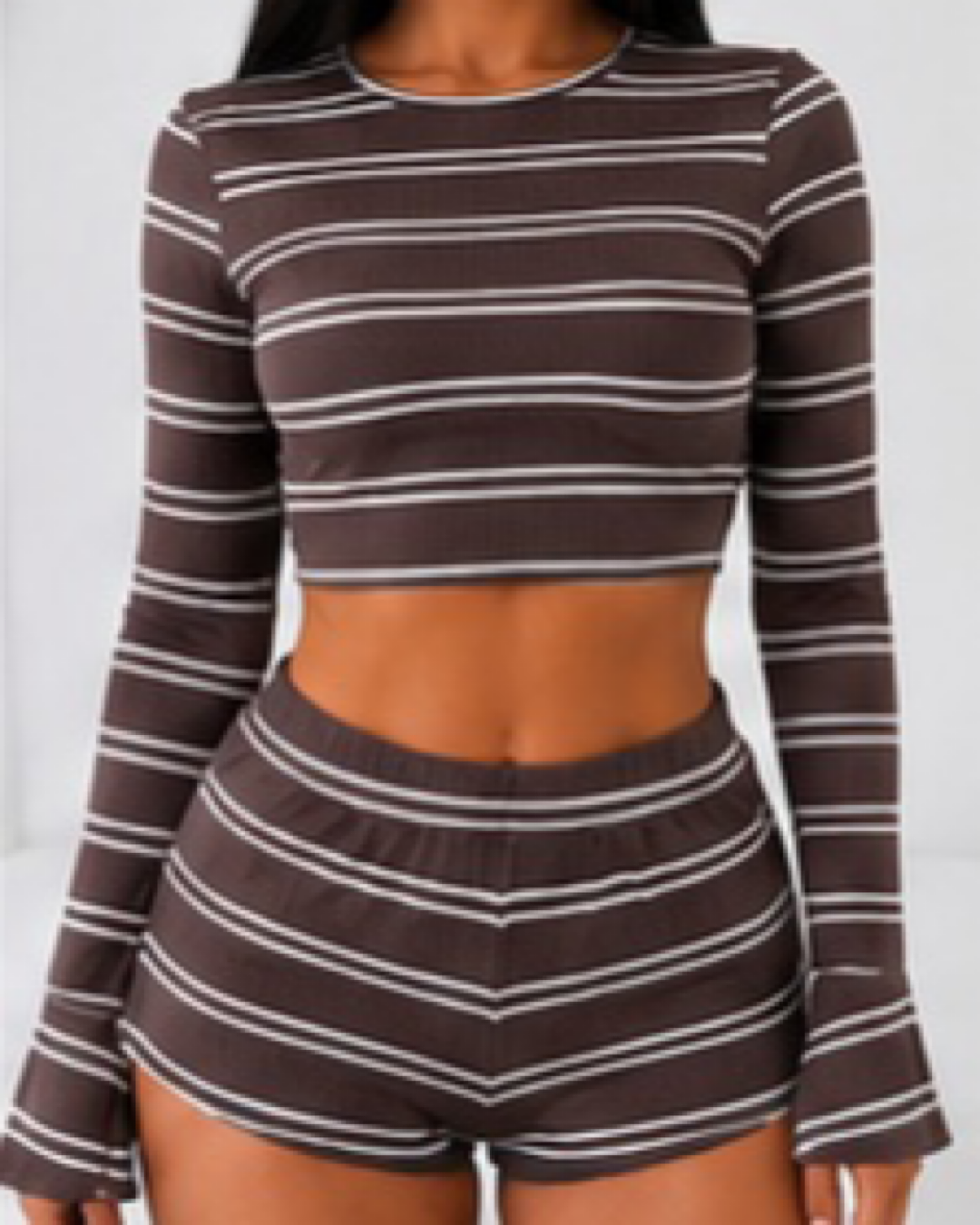 Brown White Stripe Top & Shorts Suit