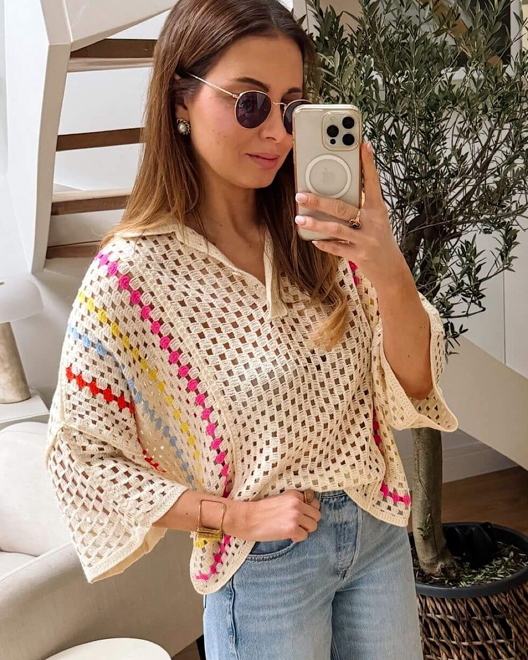 Beige Collared Crochet Knit Top