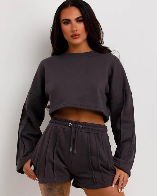 Dark Grey Cropped Cross Sweat and Shorts Suit
