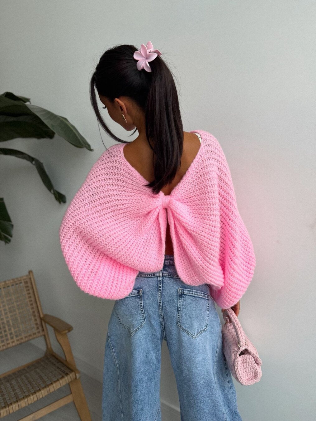 Pink Batwing Knot Back Knit