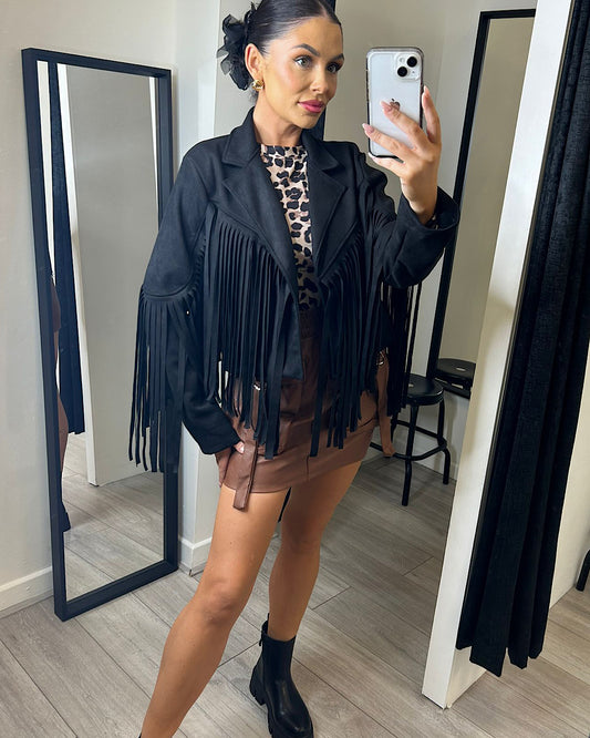 Black Faux Suede Fringe Jacket