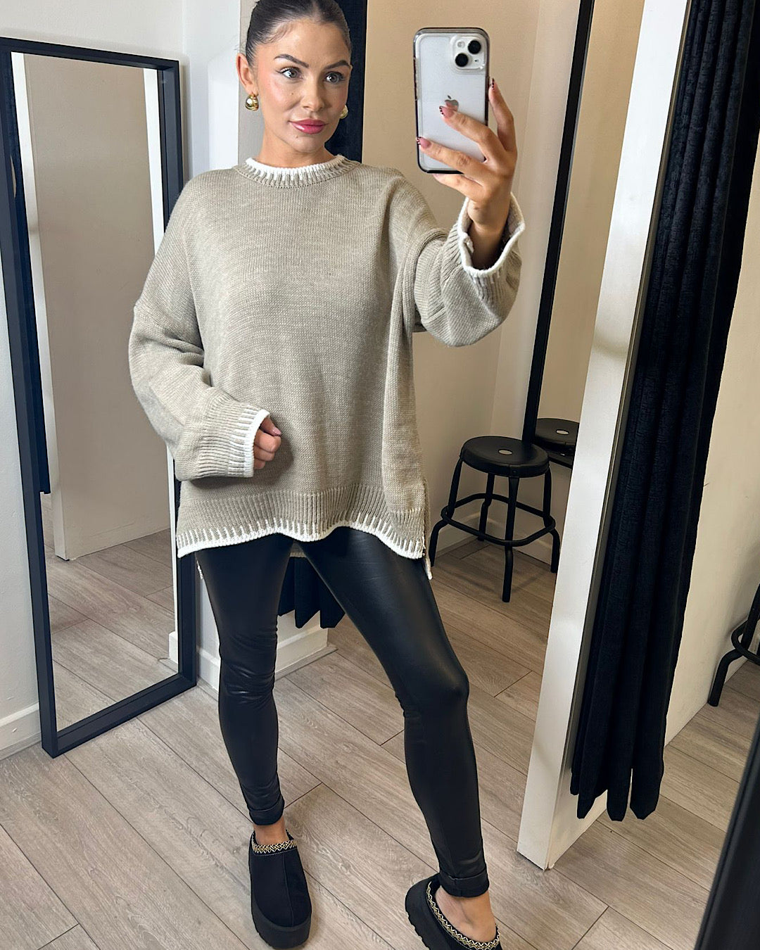 Taupe Knit Top with Cream Stitch