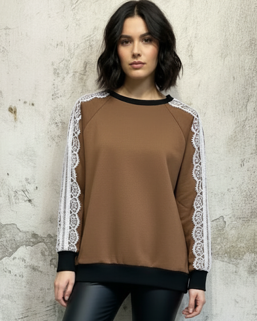 Brown Sweatshirt with Lace Sleeve