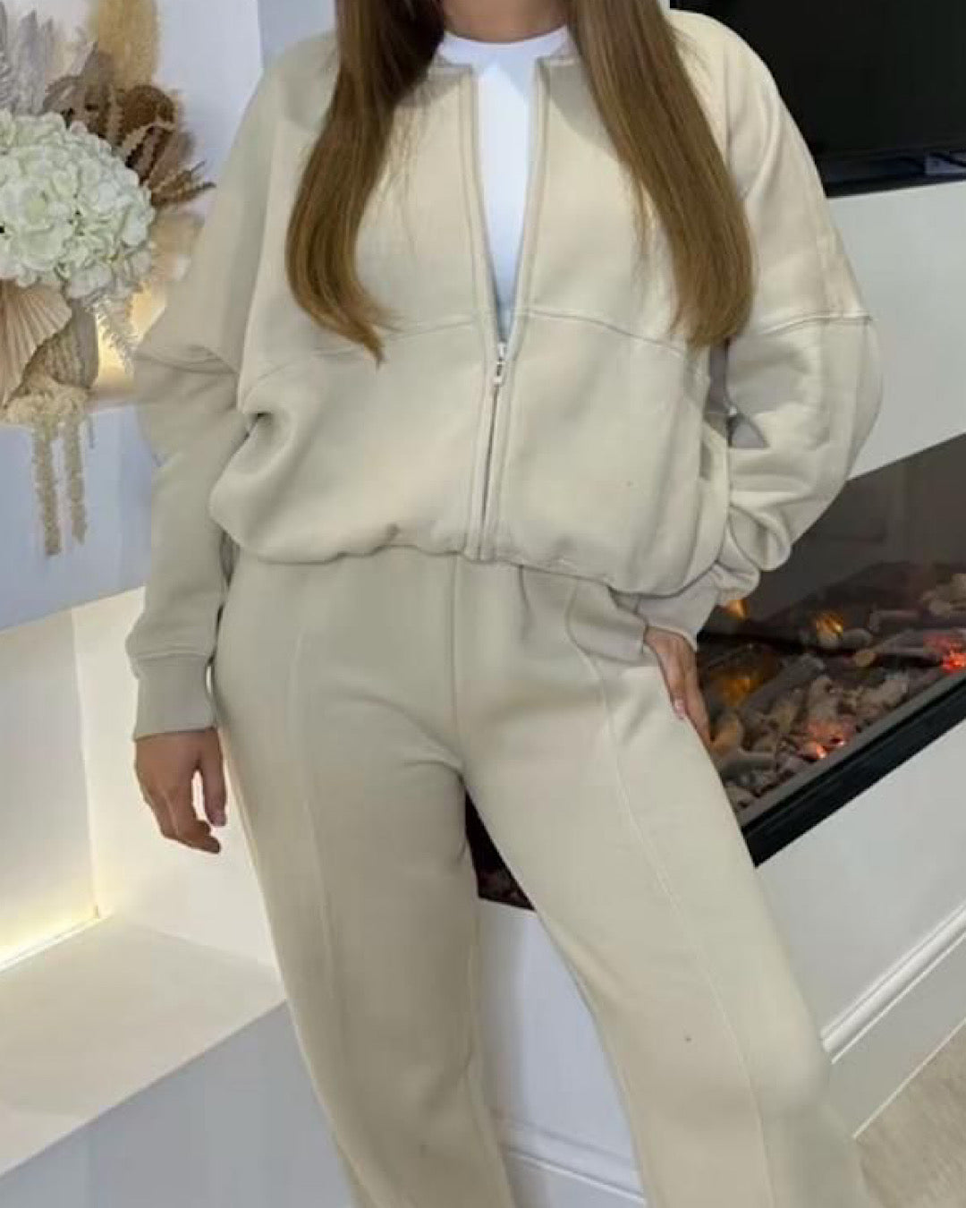 Beige Bomber Jacket and Joggers Suit