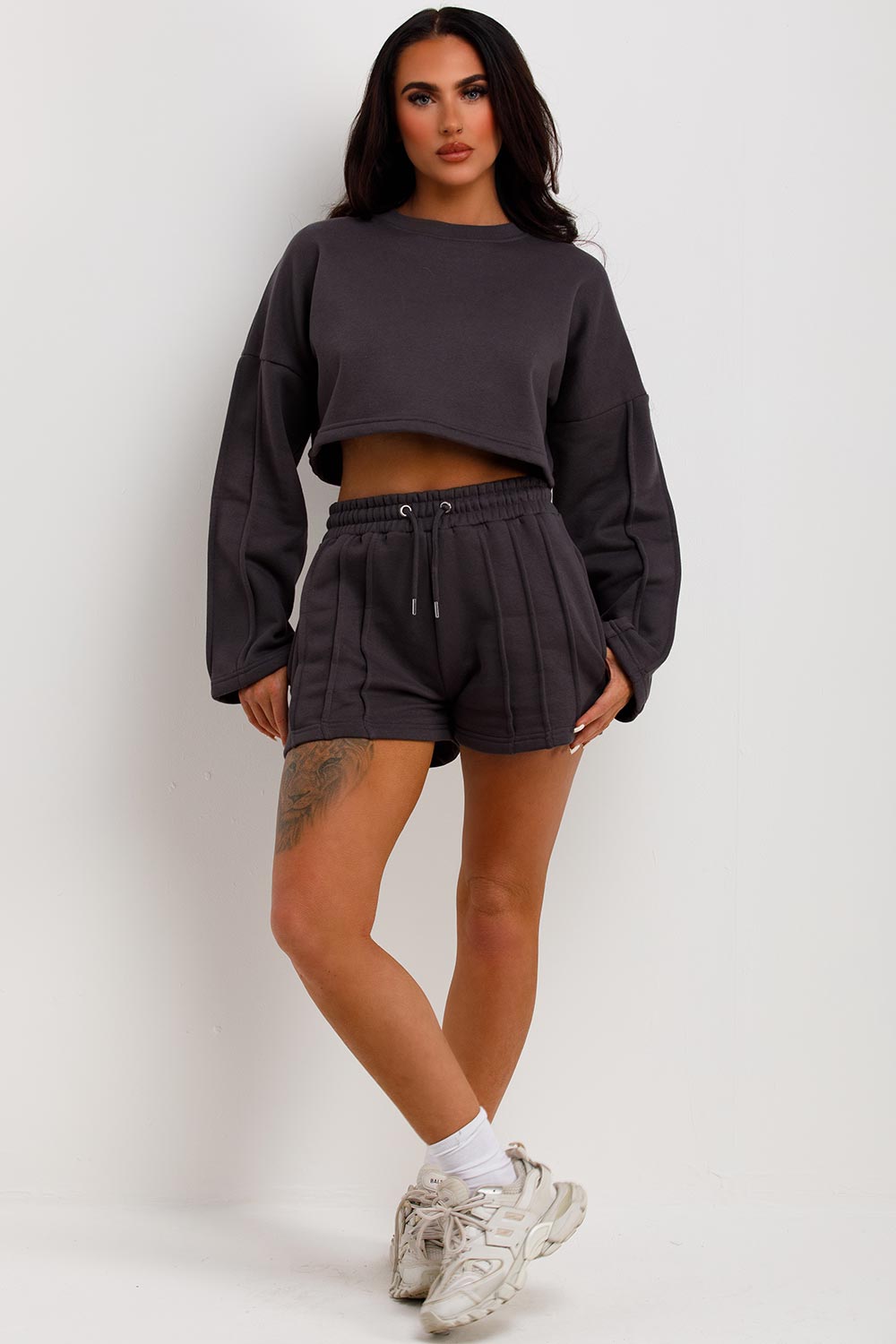 Dark Grey Cropped Cross Sweat and Shorts Suit