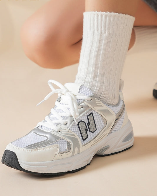 White with Silver Lace Up Trainers