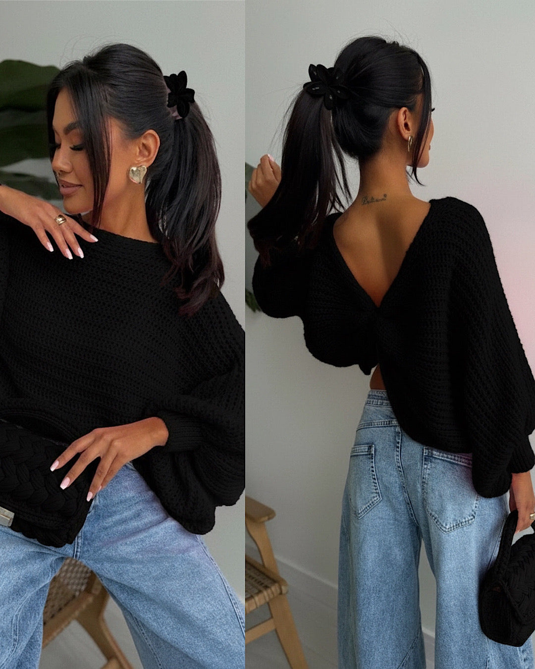 Black Batwing Knot Back Knit