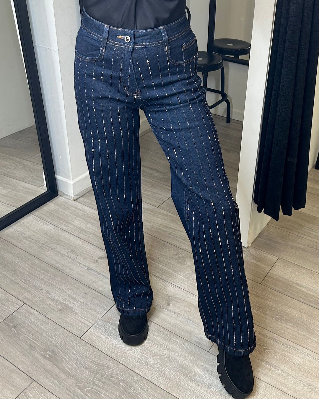 Straight Leg Blue Diamond Embellished Jeans