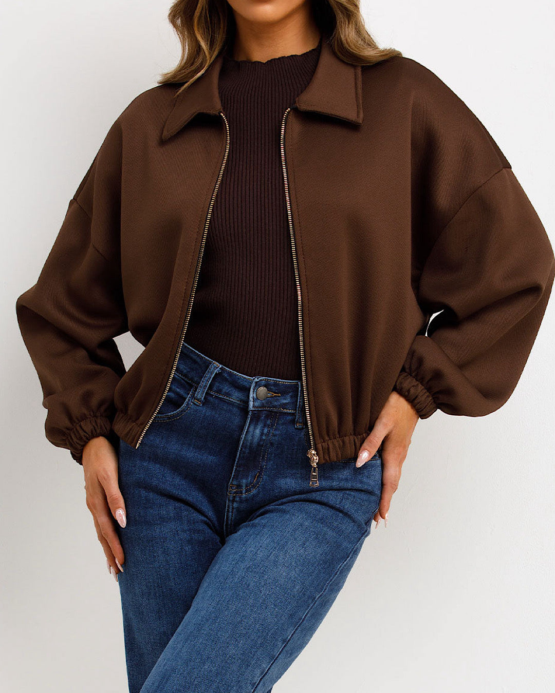 Chocolate Ruched Bomber Jacket with Zip
