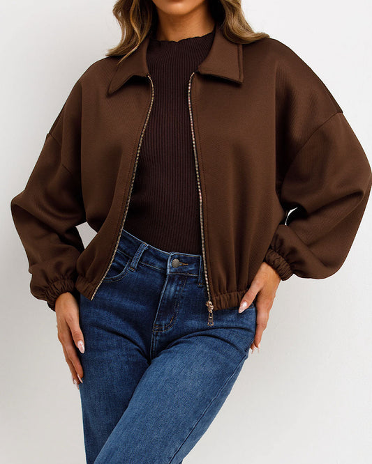 Chocolate Ruched Bomber Jacket with Zip
