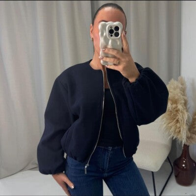 Black Balloon Sleeve Ruched Bomber Jacket