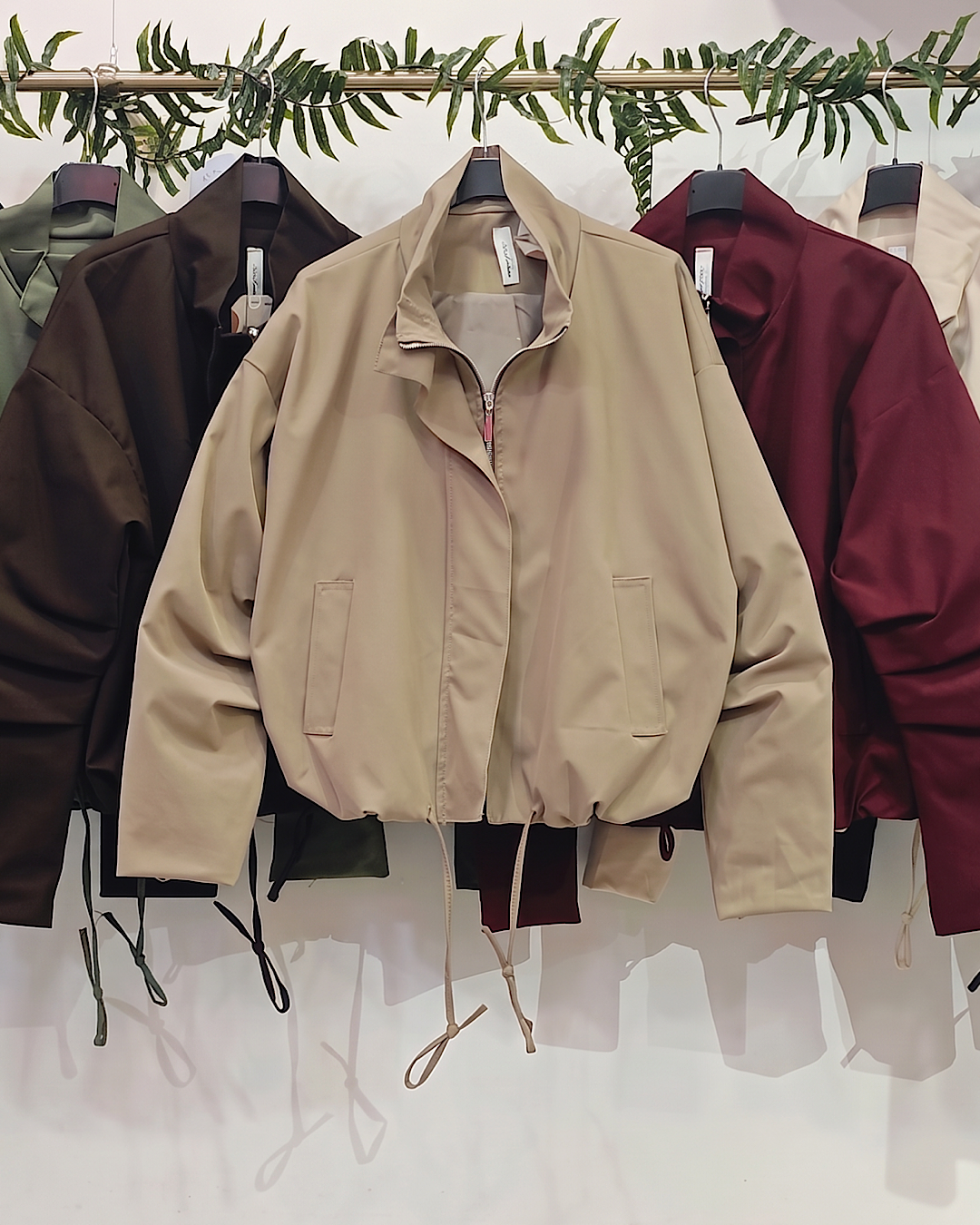 Brown Funnel Neck Puff Sleeve Jacket with Collar