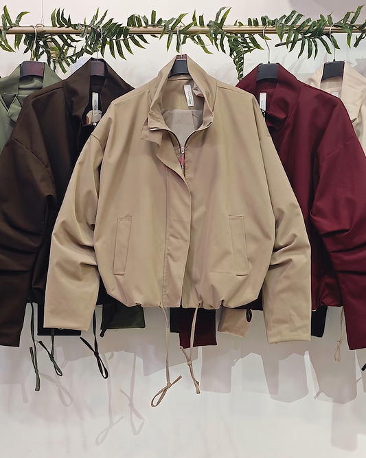 Brown Funnel Neck Puff Sleeve Jacket with Collar