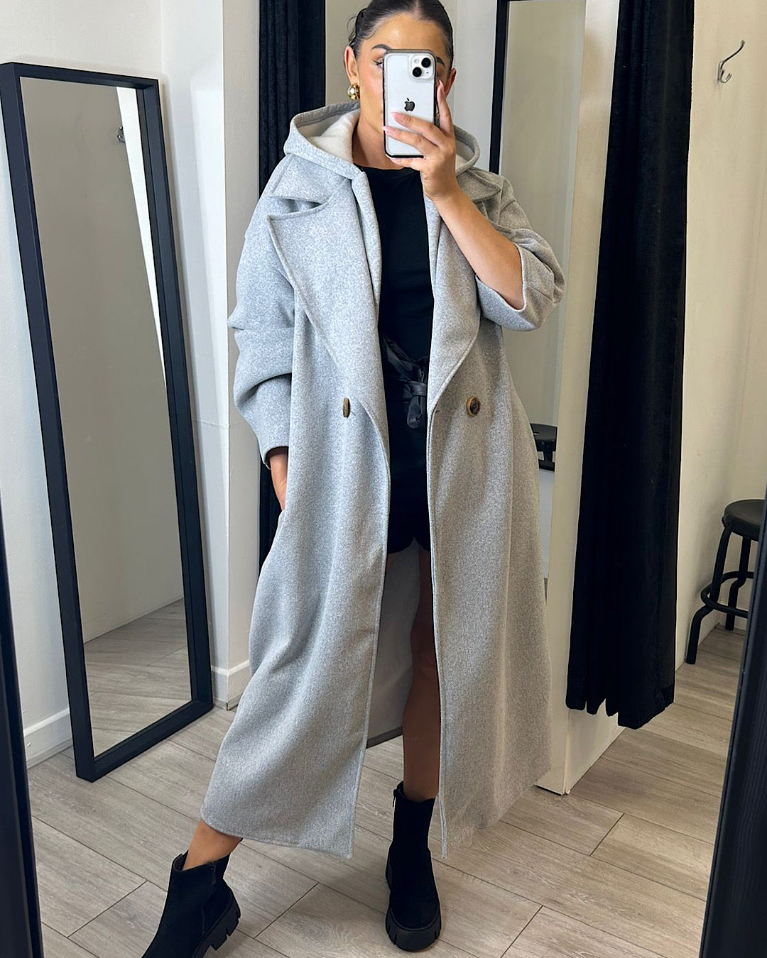 Grey Hooded Wool Coat