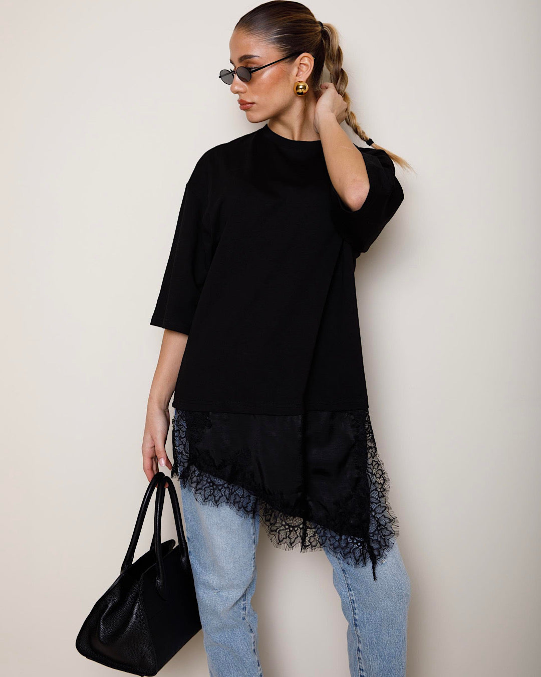 Black Lace Hem Tee Dress