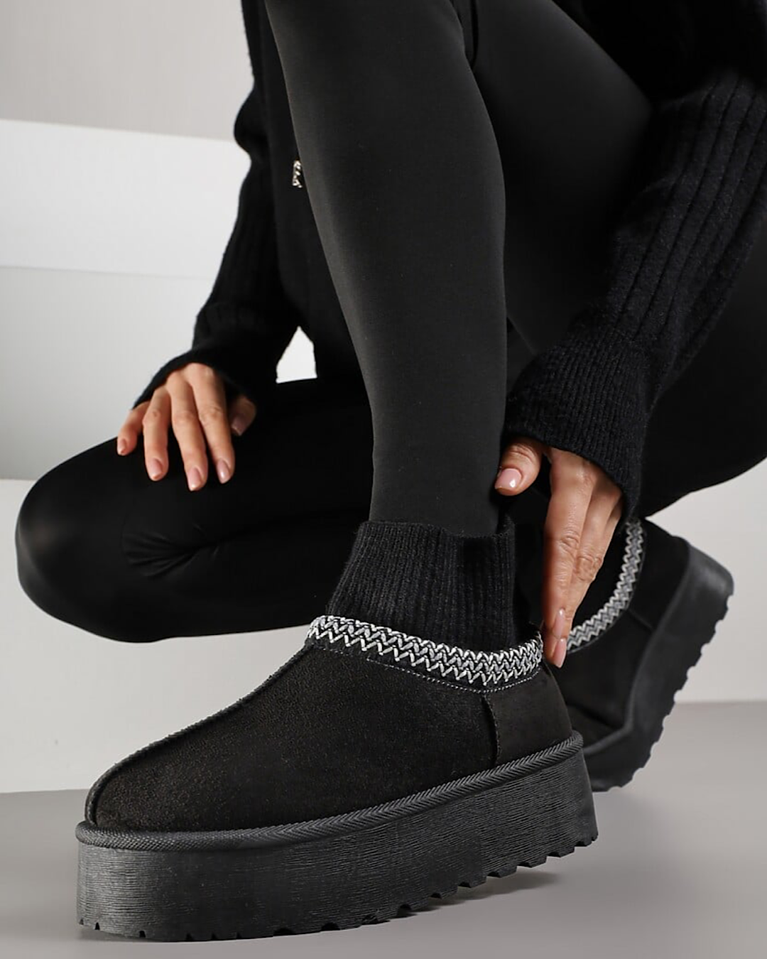 Black Faux Suede Boots with Ribbed Ankle