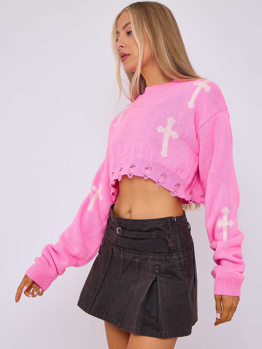Pink White Cropped Cross Knit