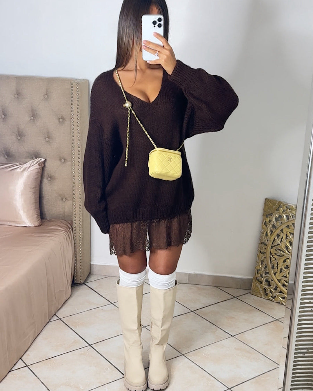 Brown Oversized Lace Knit Dress