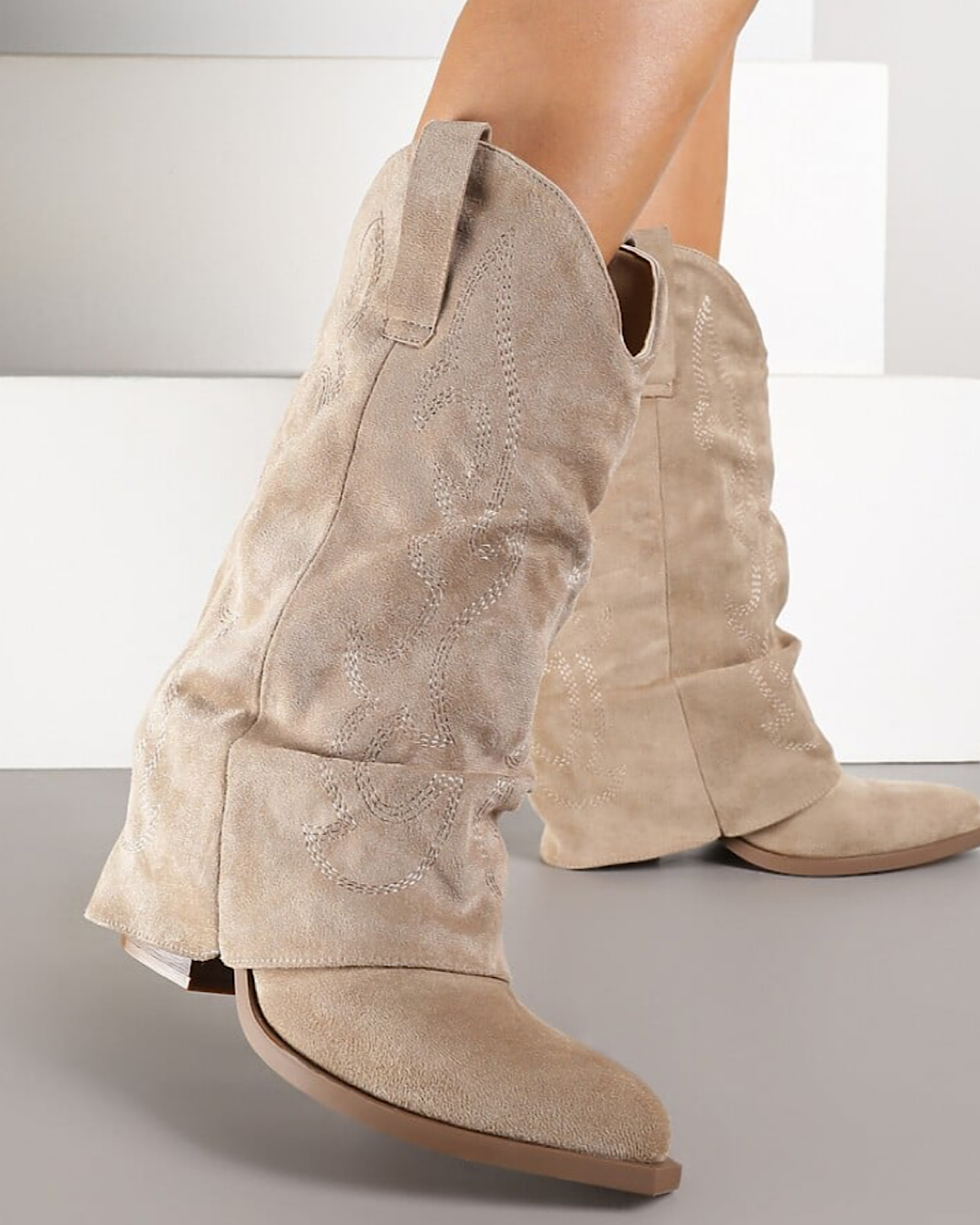 Beige Faux Suede Fold Over Cowboy Boots