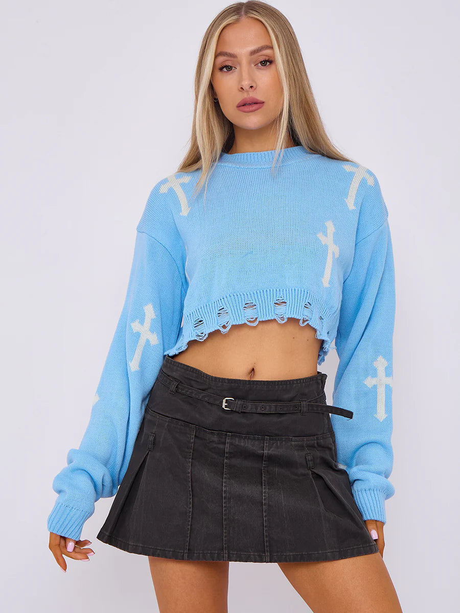 Blue White Cropped Cross Knit