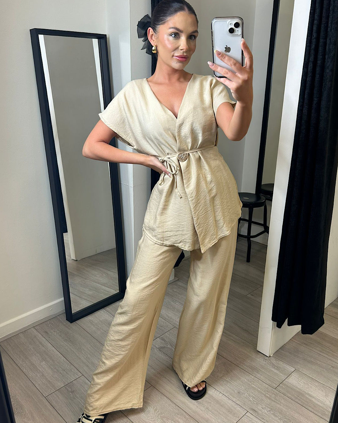 Beig Wrap Top and Trousers Suit