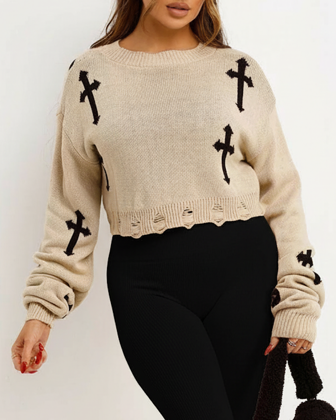 Beige with Black Cropped Cross Knit