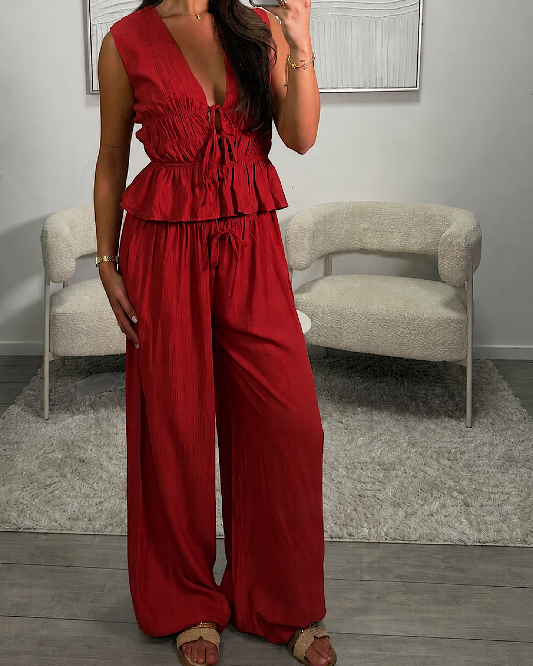 Red Top and Trousers Co Ord Suit