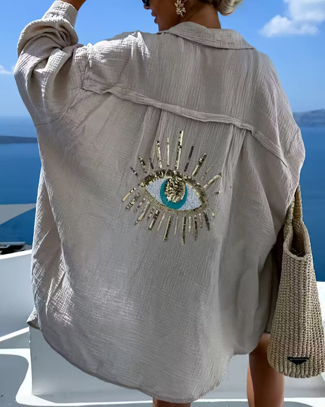 Beige Oversized Sequin Eye  Shirt
