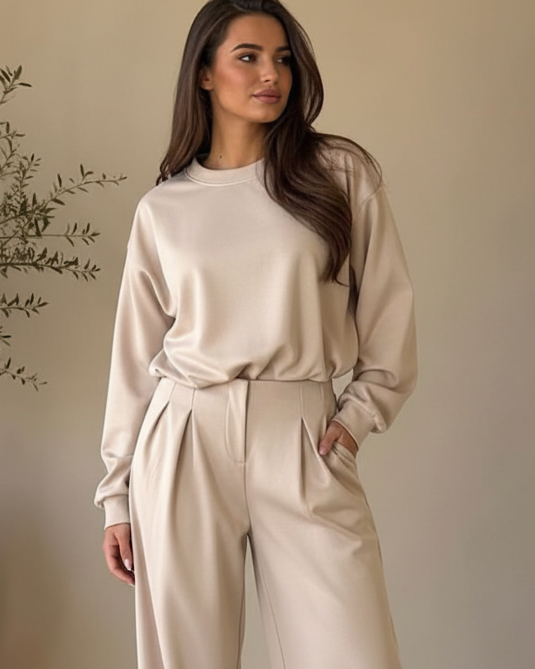 Beige Top & Trousers Suit