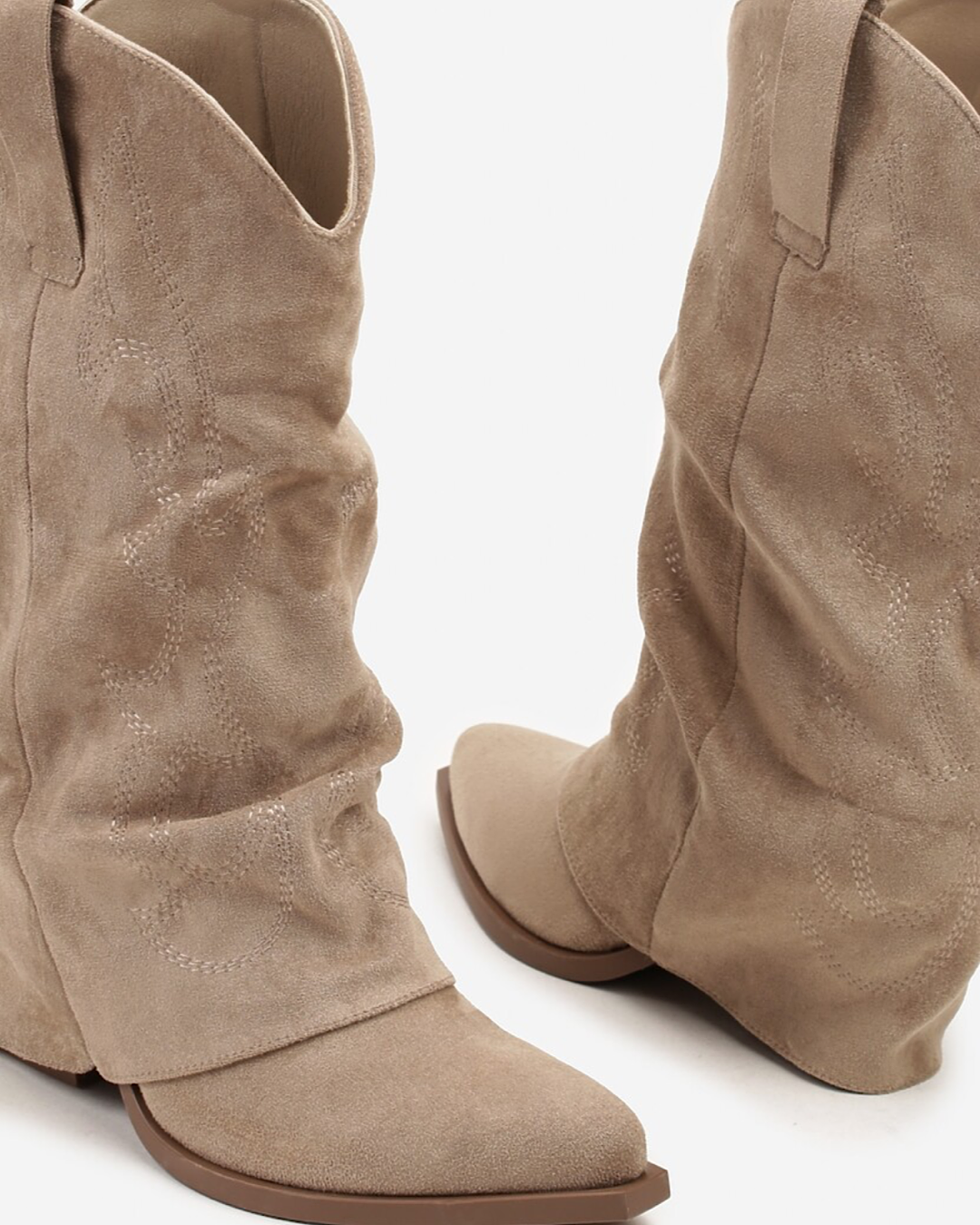 Beige Faux Suede Fold Over Cowboy Boots