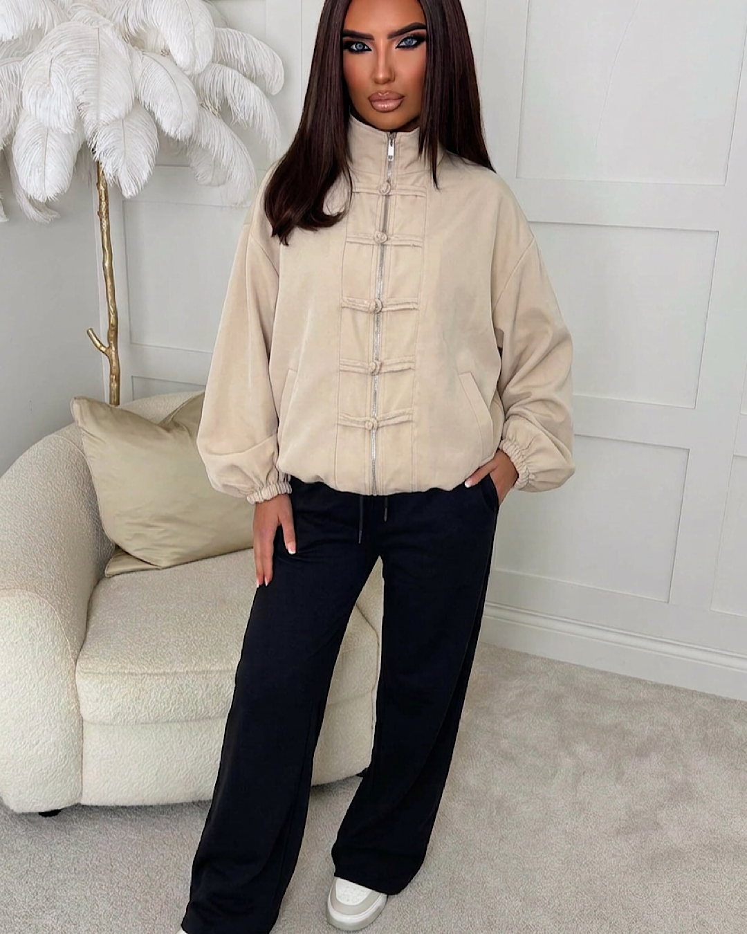 Beige High Neck Zip Jacket