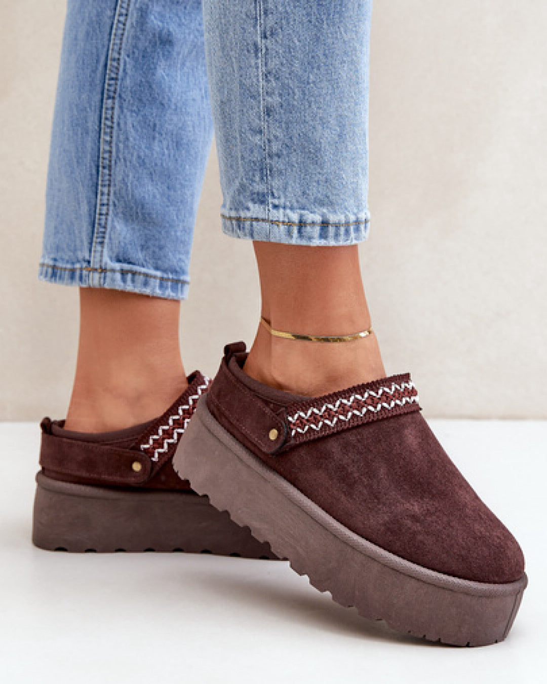 Chocolate Faux Suede Platform Boots with Stitch