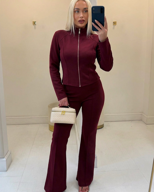 Wine Panelled Zip Jacket & Trousers Set
