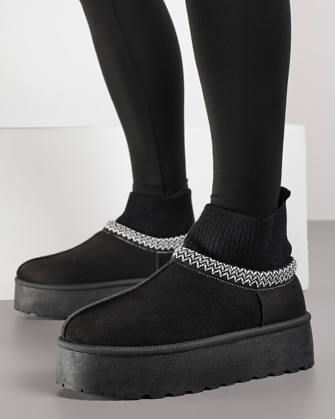 Black Faux Suede Boots with Ribbed Ankle
