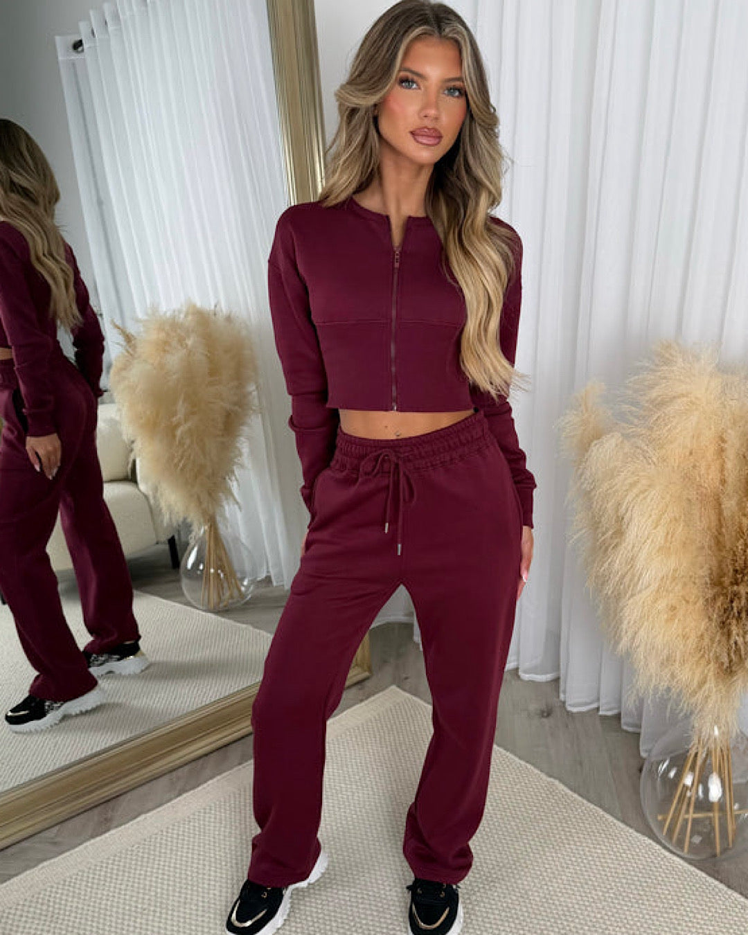Wine Cinch Waist Jacket and Joggers Suit
