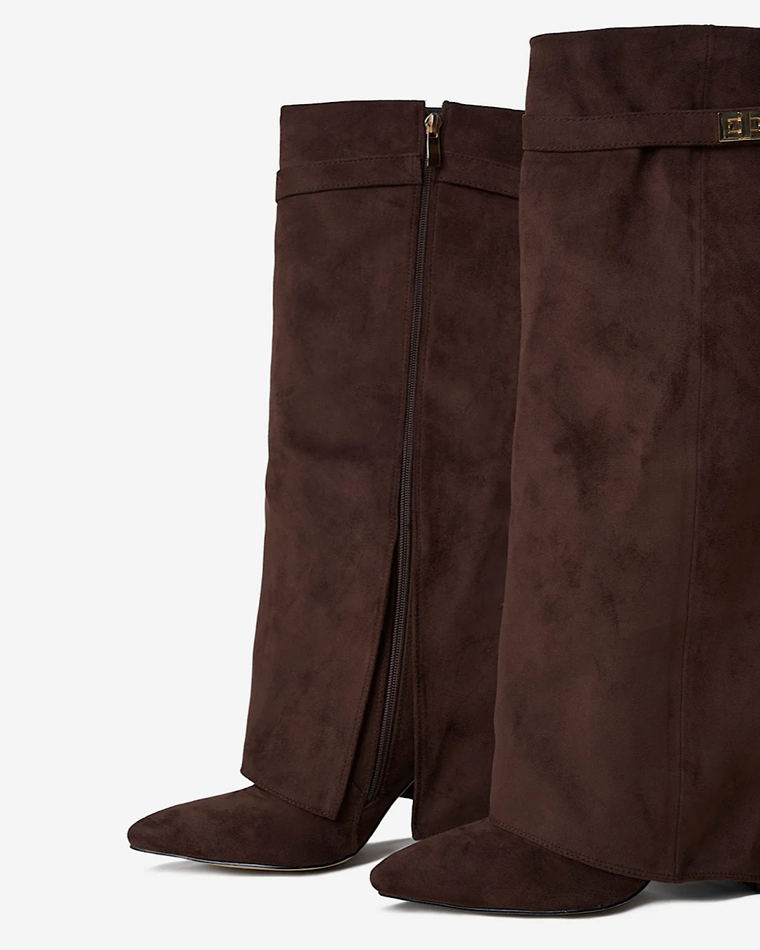 Brown Faux Suede Buckle Knee Boots