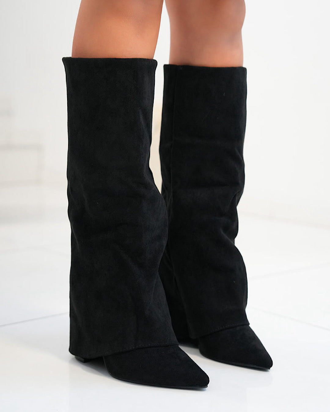 Black Faux Suede Knee Boots