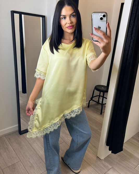 Lemon Satin Top with Lace Hem